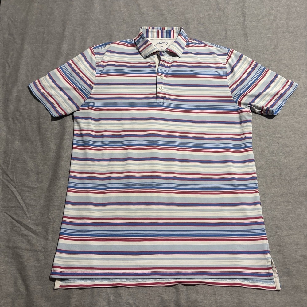 Johnnie-O Men M Polo Shirt Blue Red White Multi Color Striped Performance Golf